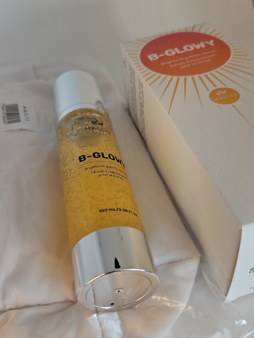 NIB Maelys B-GLOWY Brightening Body Serum Dark Spots 3.38oz/100m + Cosmetics Bag